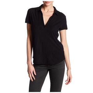 James Perse Women's Cotton Modal Slub Knit Curved Hem V-Neck Polo Top Shirt